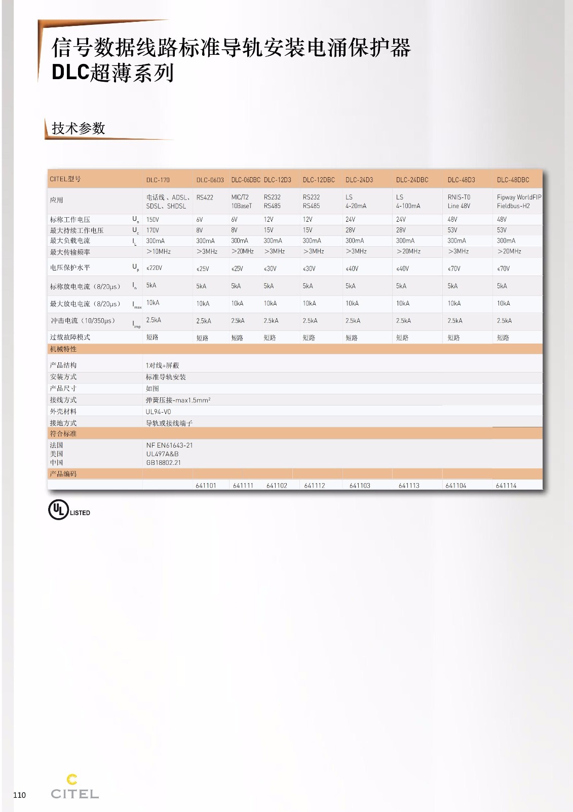 DLC超薄系列信號防雷器技術參數