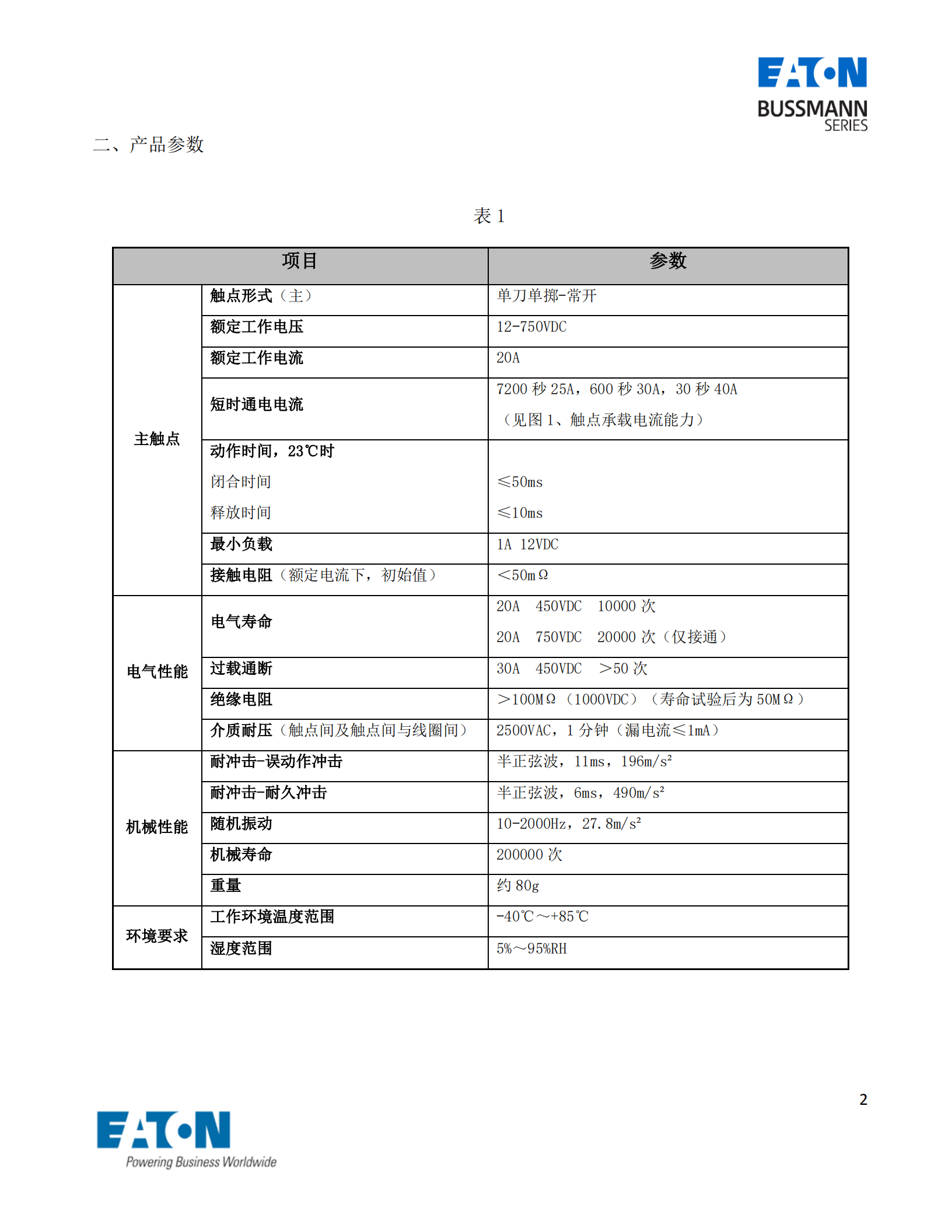 直流接觸器參數表